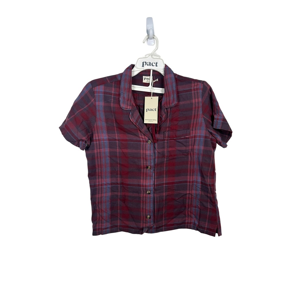 Pact Sleep Set Women M Eggplant New Organic Cotton Flannel Plaid Short Sleeve